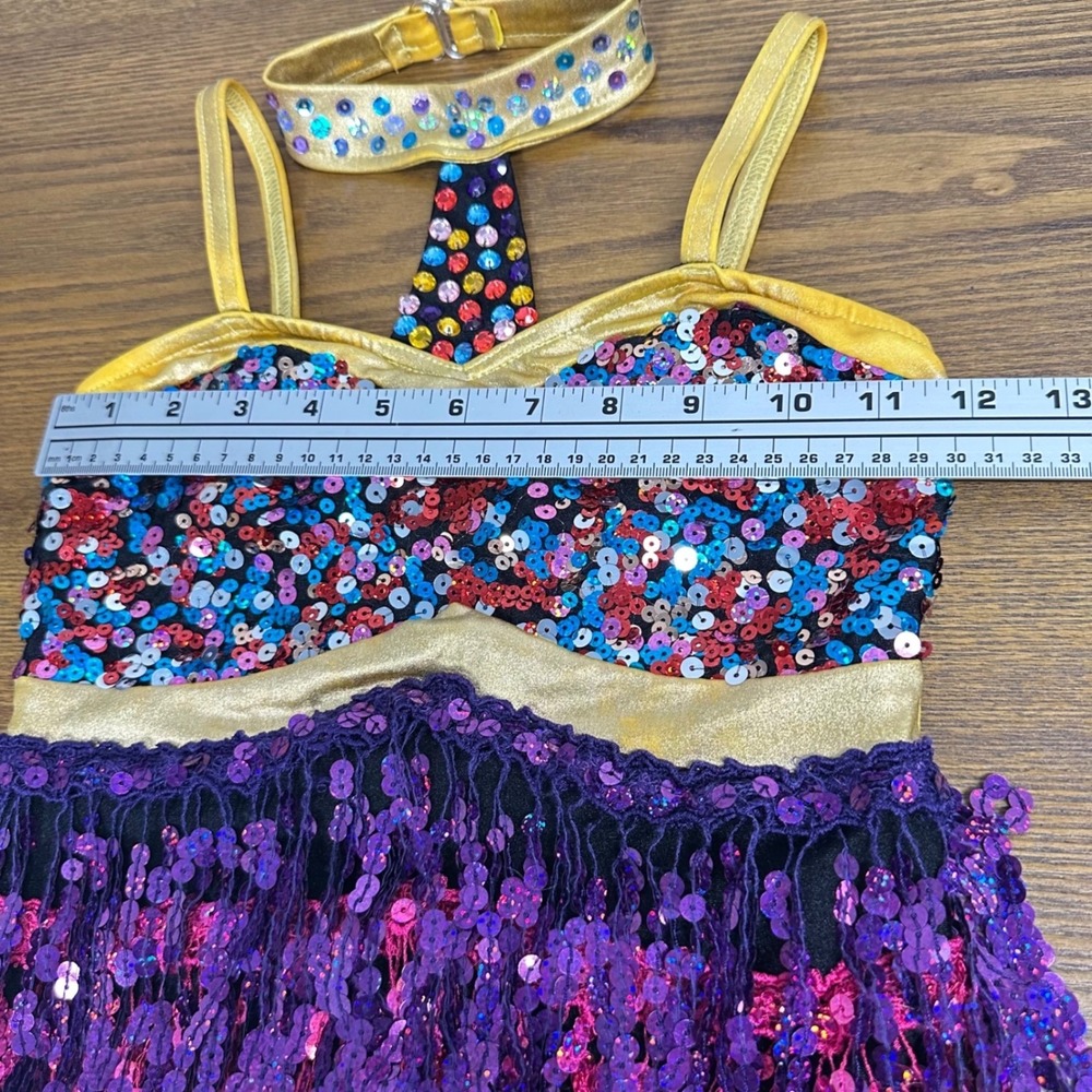 Glamour Costumes Dance Leotard Kids LC Colorful Sequin Fringe Halter T-Strap VTG - Picture 9 of 10
